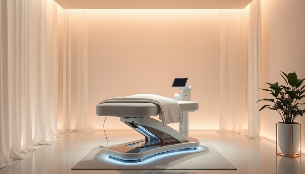 Elegant and serene treatment session with Glowin Beaute's Oligio X original beauty RF treatment. Soft skin-toned lighting illuminates a high-tech medical treatment table in a minimalist, spa-like setting. Soothing ambient details like gently billowing curtains and a lush potted plant create a calming, restorative atmosphere. The treatment table is the focal point, suggesting a transformative skin rejuvenation experience. Sophisticated medical equipment and sleek, modern design convey advanced, premium skincare technology for the ultimate in comfort and results.