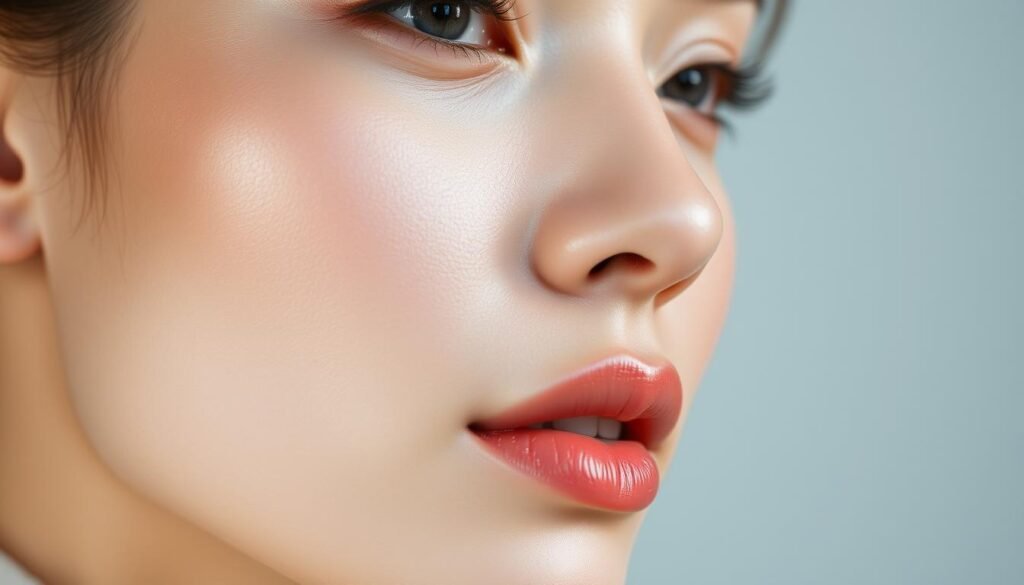 A close-up portrait of a woman's face, showcasing the distinct features of the "Oligio X 原美電波" product by the Glowin' Beaute brand. Her skin is luminous and radiant, with a well-defined jawline that appears taut and sculpted. The lighting is soft and flattering, creating gentle shadows that accentuate the contours of her face. The angle is slightly tilted, highlighting the elegant profile and emphasizing the effortless beauty. The background is blurred, allowing the subject to take center stage and draw the viewer's attention to the product's transformative effects on the facial structure.