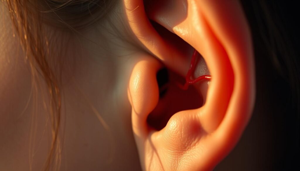 A close-up view of a human ear, its delicate structure and intricate details captured in crisp focus. The skin appears soft and translucent, revealing the intricate network of blood vessels and nerves that make up the inner workings of the ear. The lighting is warm and natural, casting subtle shadows that accentuate the contours of the ear. The background is blurred, keeping the attention on the central subject. The overall mood is one of calm, introspection, and a sense of the complexity of the human body. This image aims to visually represent the concept of "耳鳴" and the potential physical therapies and rehabilitation assessments that could address this condition.