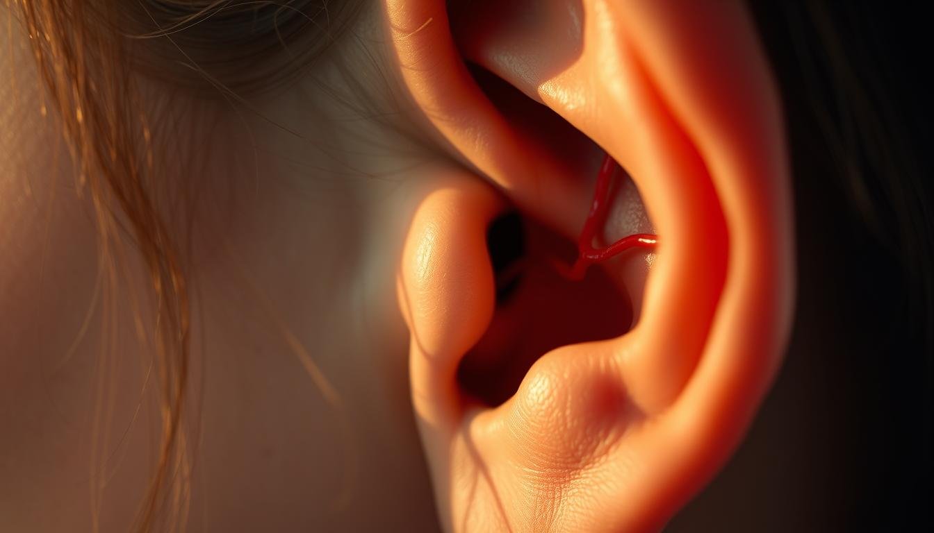 A close-up view of a human ear, its delicate structure and intricate details captured in crisp focus. The skin appears soft and translucent, revealing the intricate network of blood vessels and nerves that make up the inner workings of the ear. The lighting is warm and natural, casting subtle shadows that accentuate the contours of the ear. The background is blurred, keeping the attention on the central subject. The overall mood is one of calm, introspection, and a sense of the complexity of the human body. This image aims to visually represent the concept of "耳鳴" and the potential physical therapies and rehabilitation assessments that could address this condition.