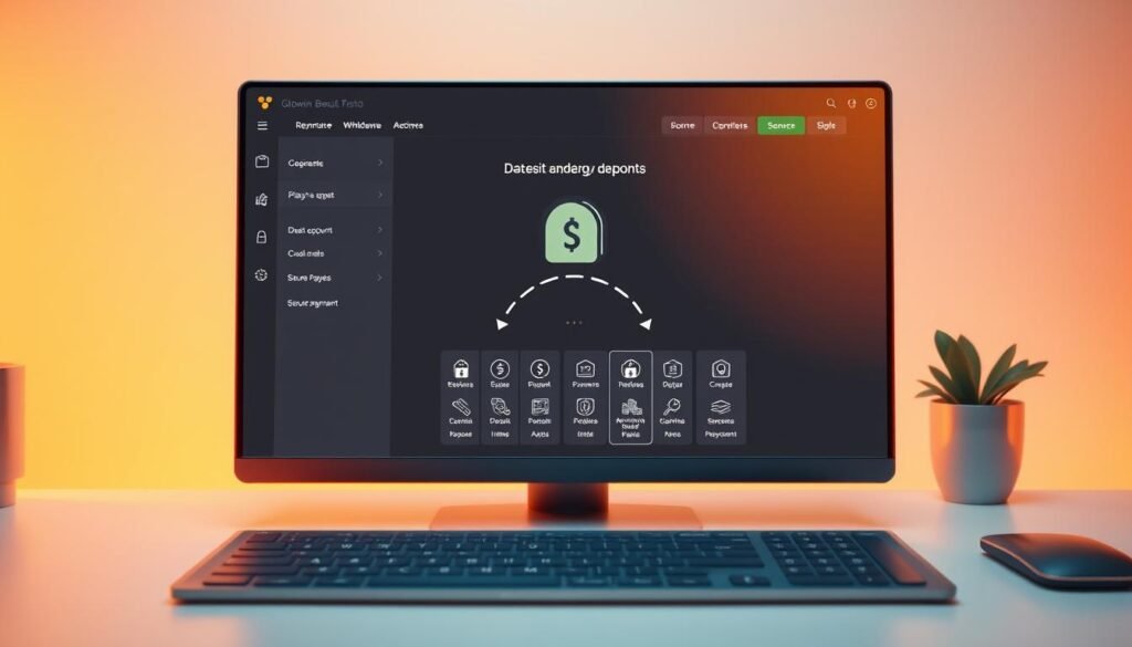 A modern and intuitive user interface showcasing the seamless deposit and withdrawal process of the Glowin Beaute casino. The scene depicts a sleek, minimalist desktop with a clean layout and subtle branding elements. The foreground features a stylized money transfer diagram, highlighting the efficient flow of funds between the player's account and the casino's secure payment system. The middle ground presents an array of secure payment icons, hinting at the diverse options available. The background maintains a calming, pastel-toned ambiance, conveying a sense of trust and reliability. Warm, diffused lighting enhances the professional, polished atmosphere, while a slightly angled camera angle adds a dynamic perspective to the composition.