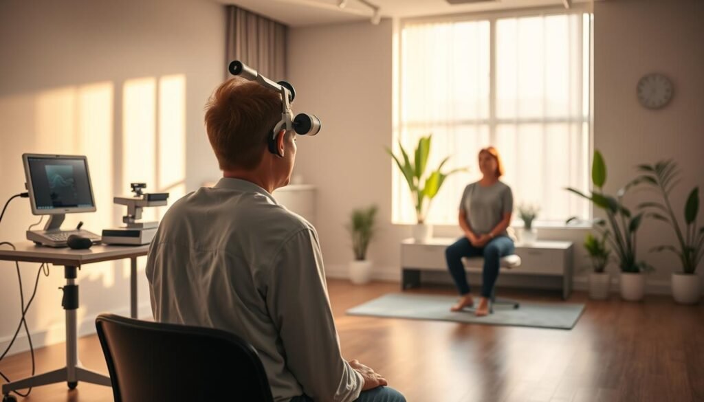 A peaceful, minimalist scene depicting a comprehensive rehabilitation assessment for tinnitus treatment. In the foreground, a patient sitting calmly, undergoing an audiological examination with modern medical equipment. The middle ground showcases a physical therapist guiding the patient through gentle exercises and stretches, promoting relaxation and stress reduction. The background features a serene, softly-lit clinic interior with soothing natural elements like plants, providing a calming atmosphere conducive to the rehabilitation process. Warm, natural lighting illuminates the scene, capturing the tranquility and care of the tinnitus recovery journey.