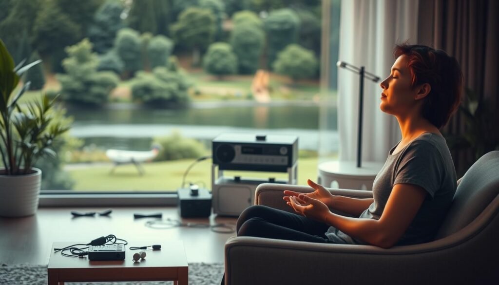 A serene and harmonious scene depicting the application of autonomic nervous system regulation therapy for tinnitus relief. In the foreground, a person sits in a comfortable chair, their eyes closed, palms resting gently on their lap as they engage in a mindfulness meditation exercise. Soft, diffused lighting casts a warm, soothing glow, creating an atmosphere of tranquility. In the middle ground, various therapeutic tools such as electrodes, biofeedback devices, and soothing audio equipment are neatly arranged, suggesting the integration of advanced technologies to support the treatment. The background features a calming, natural landscape with lush greenery and a peaceful body of water, symbolizing the restorative power of the mind-body connection in addressing tinnitus. The overall composition conveys a sense of holistic healing and the patient's journey towards regaining control over their auditory well-being.