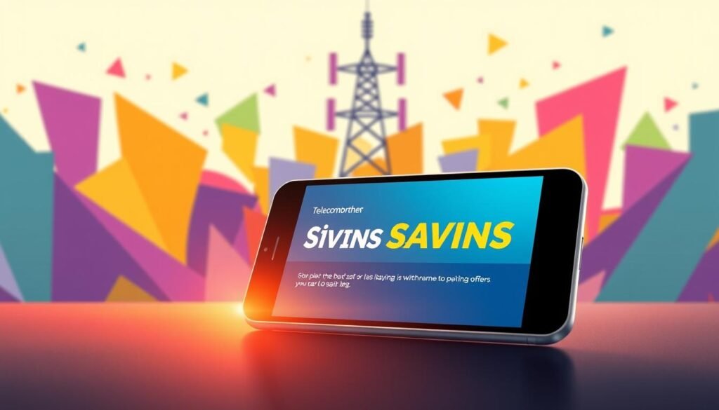 Telecombrother's "Instant Savings" - a vibrant, modern illustration showcasing the company's latest switching offer. In the foreground, a sleek smartphone displays the deal details, its screen casting a warm glow. Behind it, a stylized telecom tower rises, symbolizing the network connectivity. The background features a dynamic array of colorful, geometric shapes, conveying a sense of energy and movement. The overall composition is balanced, with a focus on the key product details. Soft, directional lighting accentuates the device's premium design, while a muted color palette creates a sophisticated, professional tone. This image captures the essence of Telecombrother's "Instant Savings" promotion in a visually compelling way.