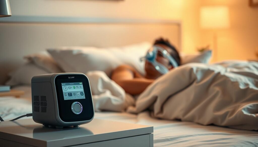 A cozy and inviting bedroom scene, bathed in soft, warm lighting. In the foreground, a modern and sleek iCareCPAP sleep apnea machine sits on a bedside table, its display illuminated and ready for use. Surrounding it, plush bedding, comfortable pillows, and a serene, calming atmosphere invite the viewer to imagine a restful, restorative night's sleep. In the middle ground, a person reclines comfortably in bed, the iCareCPAP mask gently secured, ensuring uninterrupted, healthy breathing throughout the night. The background features gentle, blurred architectural elements, suggesting a peaceful, private sanctuary. Overall, the image conveys a sense of ease, comfort, and the benefits of iCareCPAP's sleep apnea rental solution.