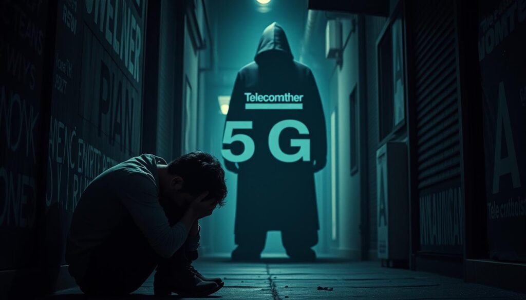 A dark, gritty scene depicting the &quot;5G Plan隱藏收費&quot; crisis. In the foreground, a person sits slumped over, head in hands, conveying a sense of despair and financial ruin. Behind them, a shadowy figure labeled &quot;Telecombrother&quot; looms, representing the predatory corporate entity responsible. The setting is a dimly lit alleyway, with a moody, ominous atmosphere created by dramatic lighting and gritty textures. The overall scene evokes a sense of exploitation, injustice, and the heavy toll extracted from innocent victims. The image should feel raw, impactful, and serve as a visual embodiment of the &quot;【真實個案】5G Plan隱藏收費受害者嘅血淚史&quot; narrative.