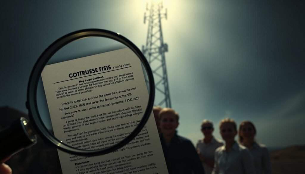 A detailed 5G plan analysis by Telecombrother, showcasing the hidden fees and charges. In the foreground, a magnifying glass examines the fine print of a 5G contract, revealing unexpected costs. The middle ground depicts frustrated customers, their expressions conveying the financial burden. In the background, a towering 5G cell tower casts an ominous shadow, symbolizing the industry's opaque practices. The lighting is dramatic, creating a sense of tension and unease. The overall mood is one of investigative scrutiny, uncovering the truth behind the 5G plan's hidden pitfalls.