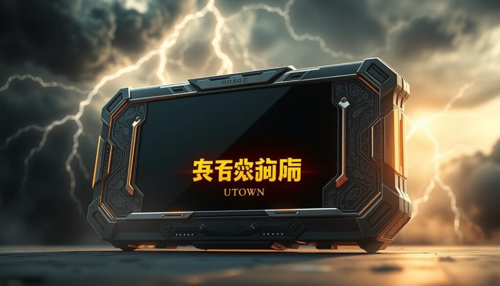 A detailed, high-resolution image of the &quot;RSG 電子雷神之鎚&quot; video game device. Set against a dark, dramatic background with thunderous clouds and flashes of lightning, the device is prominently displayed in the foreground. The design features sleek, metallic elements with intricate engraved details, evoking a sense of power and technology. The device is illuminated by a warm, golden light, casting dynamic shadows and highlights. In the middle ground, a UTown logo appears, subtly integrated into the composition. The overall atmosphere is one of awe-inspiring, futuristic mysticism.