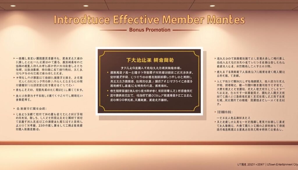 A detailed illustration of the "Introduce Effective Member" bonus promotion rules at UTown Entertainment City. Rendered in a clean, minimalist style with a focus on legibility and visual clarity. The layout features a central panel showcasing the key details of the promotion, flanked by secondary information in a balanced composition. The color palette is muted and professional, evoking a sense of trust and reliability. The overall scene is well-lit with soft, directional lighting to highlight the textual content. The angle is slightly elevated to create an authoritative, informative tone. No distracting elements or textures, just a straightforward presentation of the essential information.