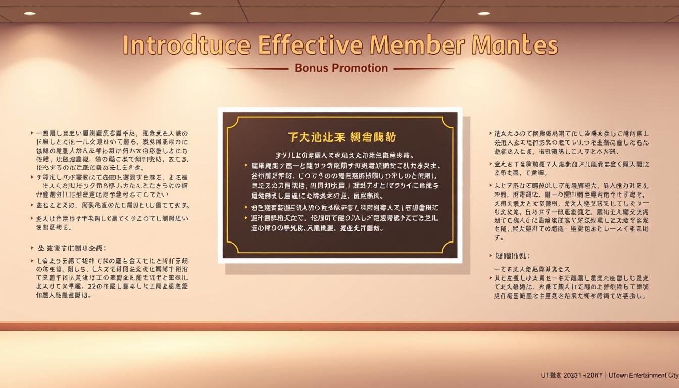 A detailed illustration of the "Introduce Effective Member" bonus promotion rules at UTown Entertainment City. Rendered in a clean, minimalist style with a focus on legibility and visual clarity. The layout features a central panel showcasing the key details of the promotion, flanked by secondary information in a balanced composition. The color palette is muted and professional, evoking a sense of trust and reliability. The overall scene is well-lit with soft, directional lighting to highlight the textual content. The angle is slightly elevated to create an authoritative, informative tone. No distracting elements or textures, just a straightforward presentation of the essential information.