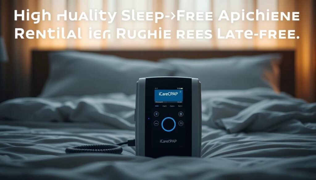 A high-quality BiPAP sleep apnea machine rental service, showcasing the iCareCPAP brand. The device is displayed prominently in the center, with a sleek, modern design and intuitive controls. The background features a soothing, calming atmosphere with soft lighting and muted colors, creating a serene and relaxing environment. The overall composition conveys the convenience and comfort of this temporary sleep apnea treatment solution, appealing to those in need of a reliable and hassle-free rental option.