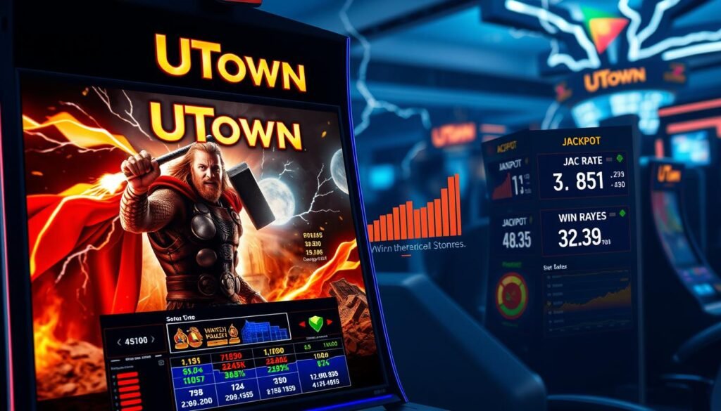 A high-resolution photorealistic image of a casino gaming machine with the label "UTown" prominently displayed. The machine's screen shows a dramatic scene of a thunderous Norse god, Thor, wielding his mighty hammer against a backdrop of cascading lightning bolts and explosive energy effects. The machine's display presents an array of detailed statistics and data visualizations, highlighting the key performance metrics for jackpot payouts and win rates. The overall scene conveys a sense of excitement, tension, and the thrill of high-stakes gaming.