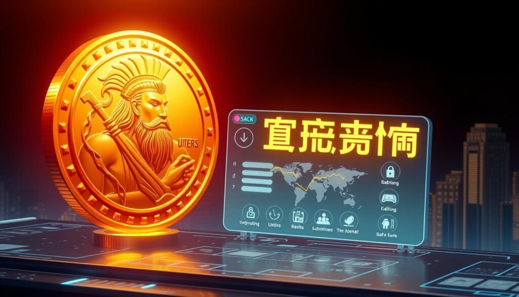 A large golden coin emblazoned with the striking image of the powerful war god Ares, also known as &quot;UTown&quot; in the gaming world, dominates the foreground. The coin appears to be casting a warm, gilded glow, illuminating the scene with a sense of wealth and prestige. In the middle ground, a sleek, modern financial platform interfaces with various banking tools and icons, hinting at the safe and secure withdrawal process. The background features a subtle cityscape, suggesting the cosmopolitan nature of the platform and its global reach. The overall composition conveys a sense of power, reliability, and financial prosperity associated with the &quot;戰神賽特出金&quot; experience.