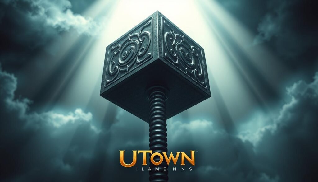 A majestic 3D render of Thor's legendary hammer, Mjolnir, hovering in a dramatic spotlight against a dark, stormy sky. The hammer's intricate metallic detailing and powerful Norse runes are vividly illuminated, casting dramatic shadows. In the foreground, the UTown logo is prominently displayed, subtly integrated into the scene. The overall atmosphere is one of awe-inspiring power and ancient mysticism, perfectly capturing the essence of "雷神之鎚試玩".