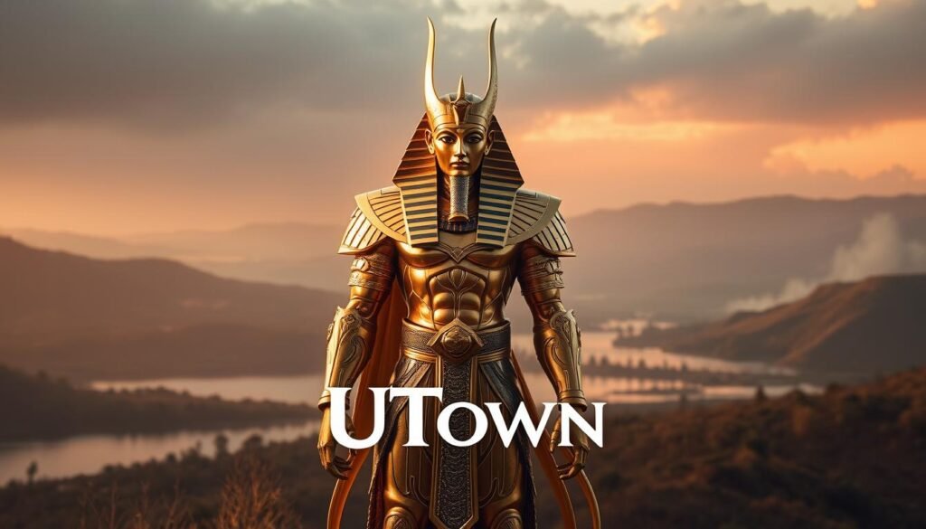 A majestic golden figure of the war god Setekh stands tall, radiating power and authority. His chiseled features are cast in gleaming metallic hues, the intricate details of his armor and weaponry catching the light. The background is a serene landscape, with rolling hills and a tranquil lake reflecting the sky. Soft, diffused lighting bathes the scene in a warm, ethereal glow, creating an air of mysticism and grandeur. In the foreground, the UTown brand logo is subtly incorporated, adding a touch of modernity to this timeless mythological depiction.