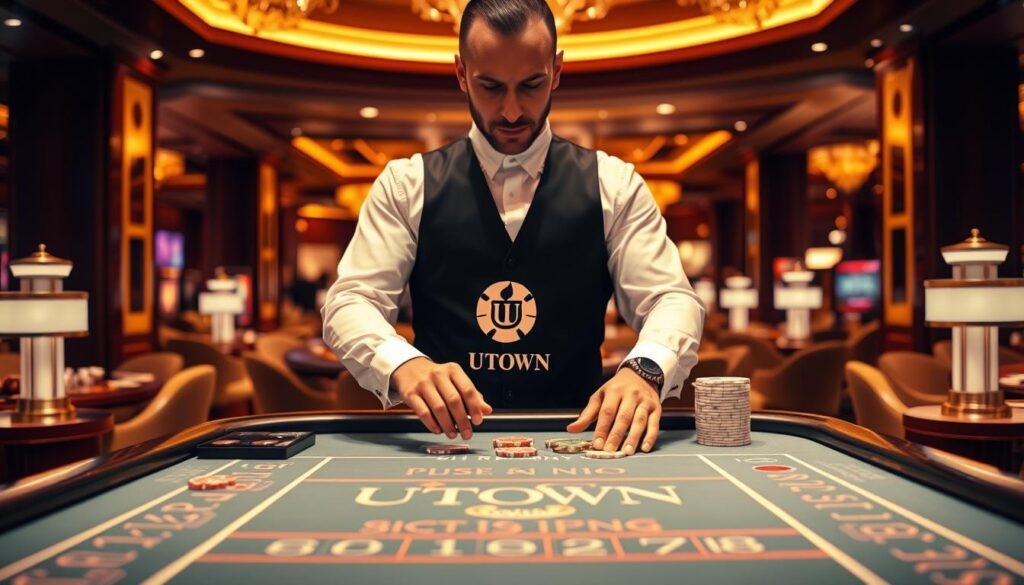 A professional croupier in a crisp white shirt and black vest stands behind a sleek, elegant casino table, with a UTown logo prominently displayed. The croupier's hands expertly handle the cards and chips, creating an engaging, immersive experience for players. The table is bathed in warm, golden lighting, casting a inviting glow. In the background, a luxurious, high-end casino interior can be seen, with plush furnishings and gleaming surfaces. The overall atmosphere is one of sophistication, professionalism, and excitement, drawing the viewer into the interactive, live-action gaming experience.