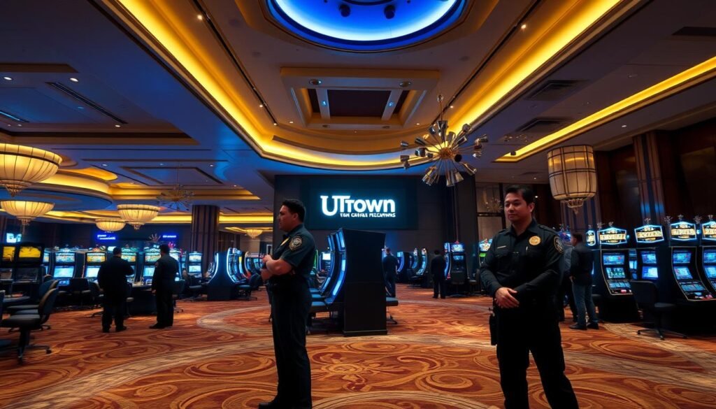 A sleek, modern casino interior with UTown branding prominently displayed. The scene features high-ceilin ged halls, plush carpeting, and subdued lighting that creates a warm, inviting atmosphere. In the foreground, well-dressed security personnel stand guard, ensuring the safety and security of patrons. The middle ground showcases the various gaming tables and slots, all equipped with the latest security technologies. In the background, a series of reinforced walls and high-tech surveillance systems are visible, providing an additional layer of protection. The overall image conveys a sense of luxury, sophistication, and unwavering commitment to the safety and wellbeing of UTown's valued guests.