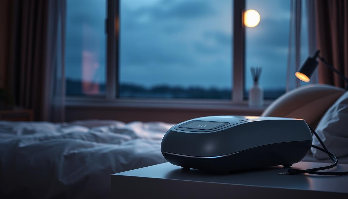 A sleek, modern iCareCPAP sleep apnea machine in the foreground, its smooth, minimalist design in shades of grey and white. The machine sits on a bedside table, surrounded by a cozy, dimly lit bedroom setting. Soft, warm lighting casts a gentle glow, creating a peaceful, calming atmosphere. In the background, a large window overlooks a serene, moonlit landscape, hinting at the tranquility and rejuvenation that comes with using this portable, temporary sleep apnea solution.