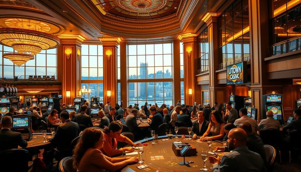A vibrant and dynamic UTown casino resort scene, with a sophisticated and alluring atmosphere. In the foreground, a group of well-dressed patrons engage in lively conversation and gaming at the tables, bathed in warm, golden lighting. The middle ground features a gleaming, high-ceilinged lobby with intricate architectural details, while the background showcases the city skyline through panoramic windows, hinting at the excitement and energy of the city beyond. The overall composition conveys a sense of glamour, luxury, and the promise of thrilling gaming experiences.