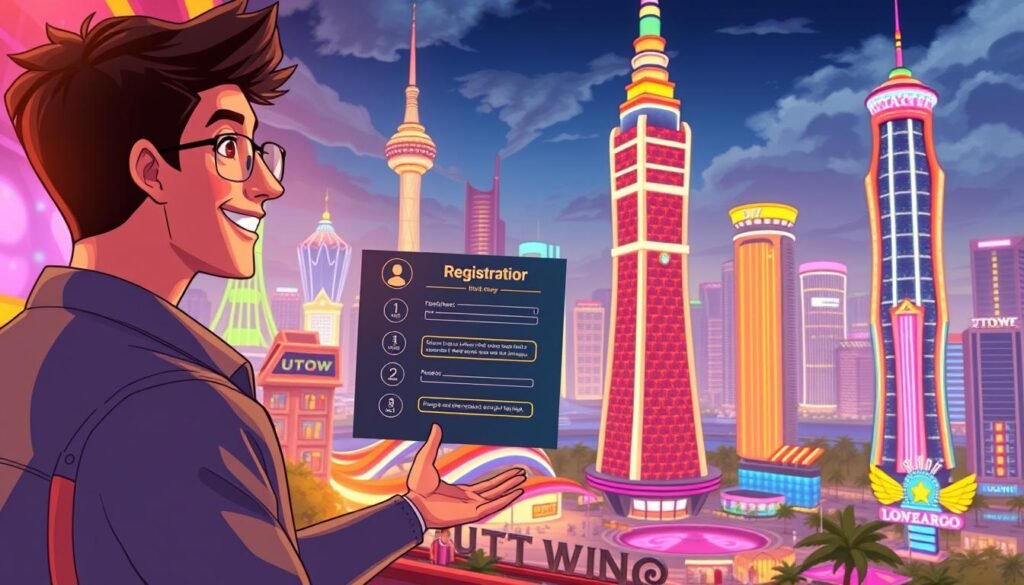 A vibrant, detailed illustration of the "UTown" entertainment city's referral process. In the foreground, a smiling person enthusiastically introduces a new member, the middle ground showcases the registration steps, and the background depicts the UTown cityscape with its gleaming towers and neon lights. The scene is captured with a cinematic wide-angle lens, using warm, inviting lighting to convey the welcoming atmosphere of the referral experience. The composition emphasizes the straightforward nature of the process, guiding the viewer through the seamless flow of becoming a successful UTown member.