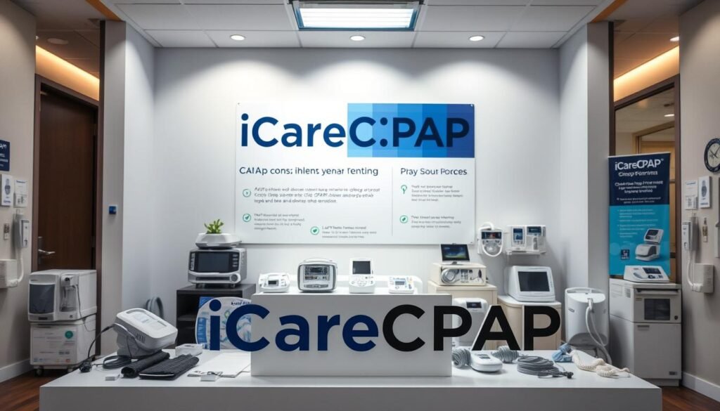 A well-lit, high-quality photograph of a modern, sleek iCareCPAP sleep apnea CPAP machine rental service display. The foreground features the iCareCPAP logo prominently, along with various CPAP machine models and accessories neatly arranged. The middle ground showcases informative signage detailing the rental process and benefits. The background depicts a clean, professional medical office setting with soothing colors and lighting, conveying a sense of comfort and trustworthiness for the rental service.