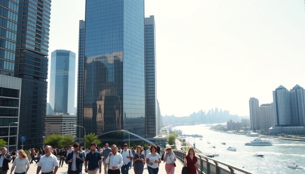 A wide, sunny cityscape with a prominent financial district in the foreground. Tall, modern skyscrapers with sleek glass facades stand tall, reflecting the bright afternoon light. In the middle ground, a group of people walking along a bustling street, engaged in various activities - some holding documents, others using mobile devices, all suggesting the hustle and bustle of financial transactions. In the background, a serene river or bay, with small boats dotting the surface, creating a sense of tranquility amidst the urban landscape. The overall mood is one of prosperity, progress, and the careful management of personal finances.