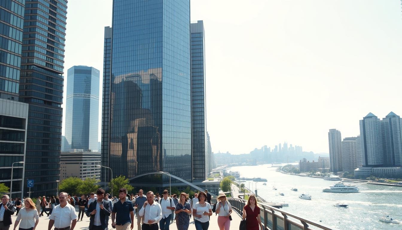 A wide, sunny cityscape with a prominent financial district in the foreground. Tall, modern skyscrapers with sleek glass facades stand tall, reflecting the bright afternoon light. In the middle ground, a group of people walking along a bustling street, engaged in various activities - some holding documents, others using mobile devices, all suggesting the hustle and bustle of financial transactions. In the background, a serene river or bay, with small boats dotting the surface, creating a sense of tranquility amidst the urban landscape. The overall mood is one of prosperity, progress, and the careful management of personal finances.