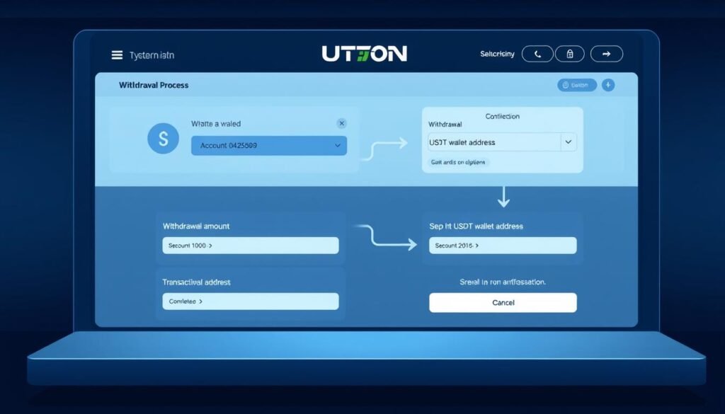 An illustration of the USDT withdrawal process at a UTown sports betting platform. A clean, modern interface showing the key steps: account balance, withdrawal amount selection, USDT wallet address input, transaction confirmation, and completion. The layout is intuitive and the UI elements are crisp and well-designed. The overall mood is one of trust, security, and efficiency - reflecting the smooth, hassle-free withdrawal experience. The scene is captured from a slightly elevated angle, with soft, even lighting that highlights the clean lines and simplicity of the platform's design.