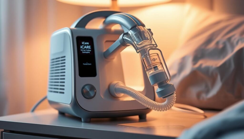 A close-up view of the iCareCPAP sleep apnea machine, its sleek and modern design prominently displayed. The device sits atop a nightstand, illuminated by soft, warm lighting that creates a soothing, therapeutic atmosphere. The machine's intricate components, such as the air tube and mask, are meticulously detailed, showcasing its advanced functionality. The image conveys the machine's ability to gently and effectively manage sleep apnea, improving the user's sleep quality and overall well-being.