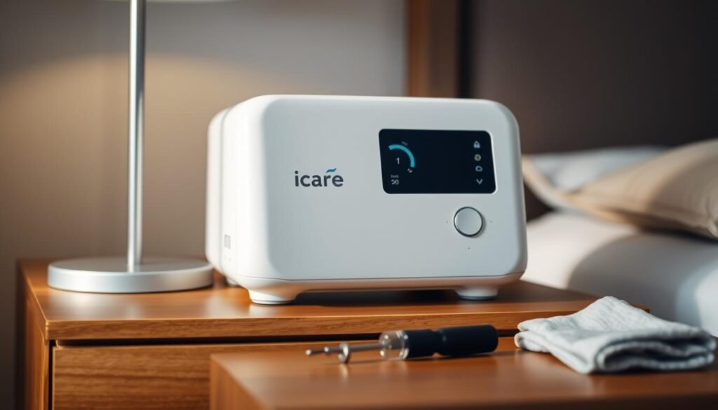 A sleek, modern iCareCPAP machine sits atop a wooden nightstand, its smooth white casing and intuitive interface conveying a sense of advanced medical technology. Soft, indirect lighting bathes the scene, casting gentle shadows and highlighting the machine's clean lines. In the foreground, a maintenance toolkit, including a small screwdriver and a soft cloth, suggests the careful attention required to keep the device in optimal condition. The background is slightly blurred, drawing the viewer's focus to the iCareCPAP machine as the central subject, emphasizing its importance in the user's sleep health regimen.