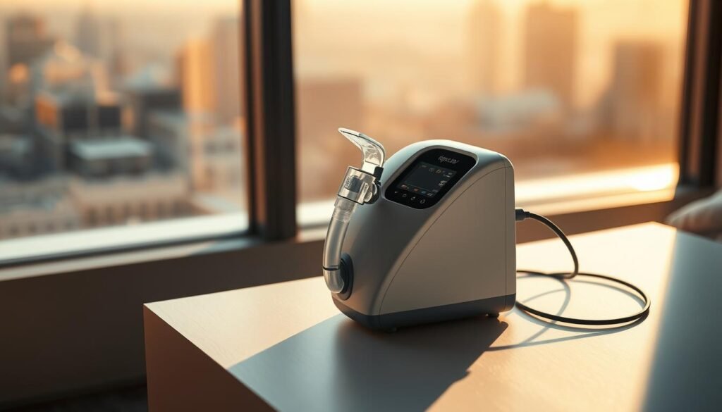 A well-lit, high-resolution photograph of an iCareCPAP sleep apnea machine, showcasing its sleek and modern design. The device is prominently displayed on a minimalist white table, casting a soft shadow. The background features a serene, blurred cityscape with a warm, golden hue, suggesting a cozy and tranquil ambiance. The device's control panel and air tube are clearly visible, highlighting its intuitive user interface and functionality. The overall composition conveys a sense of comfort and reliability, inviting the viewer to imagine the device providing a restful night's sleep.
