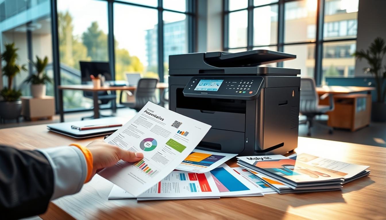 A modern A4 color printer prominently positioned in a sleek office environment, showcasing vibrant printed documents, including professional reports, presentations, and colorful brochures neatly arranged around it. In the foreground, a hand reaches to fetch a freshly printed page, capturing the dynamic workflow. The middle ground features a stylish office desk with a laptop and stationery, while the background reveals large windows with natural light pouring in, enhancing the cheerful atmosphere. Soft shadows create depth, and the scene is bathed in warm light to evoke productivity and creativity. The mood is professional yet inviting, illustrating the importance of color printing in business communications, with no people or extraneous elements present.