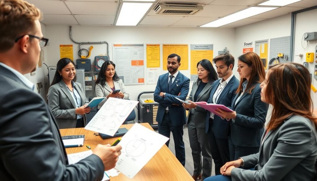 A professional training session on electrical safety, showcasing a diverse group of individuals in smart business attire, engaged in a classroom environment. In the foreground, a trainer is demonstrating safety protocols using visual aids, such as diagrams and safety equipment. In the middle, attentive participants are taking notes and discussing among themselves, looking engaged and focused. The background features a well-lit, organized classroom filled with safety posters and electrical equipment. The lighting is bright and inviting, creating a positive learning atmosphere. The image conveys a sense of professionalism, collaboration, and the importance of safety in everyday life.