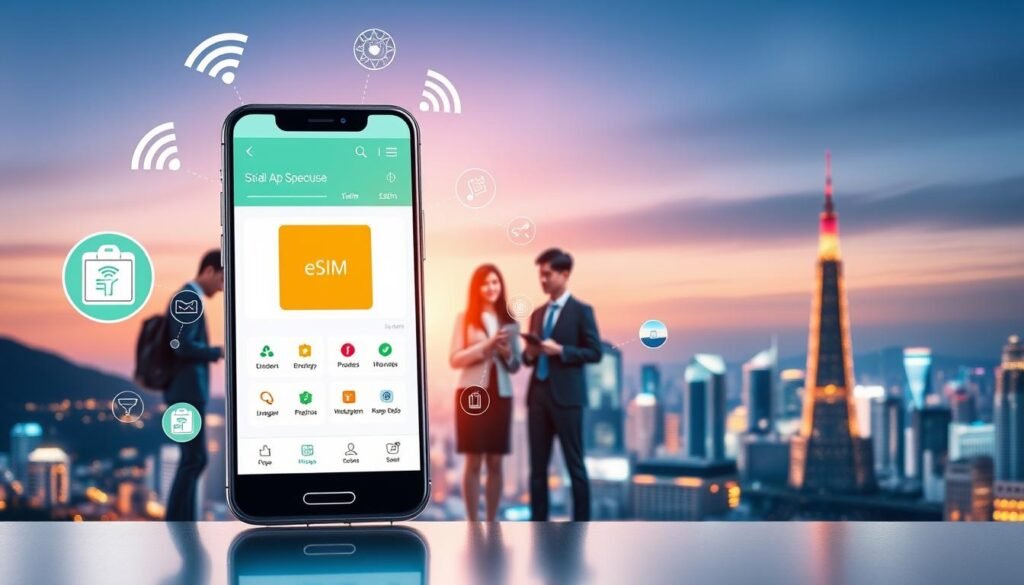 A visually striking image capturing the essence of South Korea's eSIM network recommendations. In the foreground, a modern smartphone displaying a user-friendly eSIM management app interface. Surrounding the phone, elements like Wi-Fi signals, data bars, and vibrant icons symbolizing connectivity and stability. In the middle ground, a diverse group of young professionals in business attire engaging in a dynamic discussion about technology, with laptops and tablets in hand. The background features the skyline of a bustling South Korean city, illuminated by the warm glow of sunset, symbolizing innovation and progress. Soft lighting enhances a lively yet focused atmosphere, evoking a sense of reliability and modern convenience.