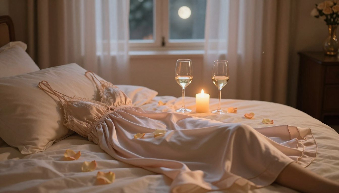 A beautifully arranged romantic scene showcasing elegant sleepwear that emphasizes comfort and sophistication. In the foreground, a delicate, flowing sleep dress in soft pastel colors drapes elegantly over a plush bed, adorned with gently scattered rose petals. The middle section features two wine glasses and a lit candle, casting a warm, inviting glow across the room. The background showcases a softly lit window, with sheer curtains allowing moonlight to filter in, creating a cozy atmosphere. The image embodies intimate moments for couples, with cinematic lighting that highlights the textures of the fabric and the warmth of the surroundings. The overall mood is soft, cozy, and romantic, inviting viewers to envision a serene evening together, captured in a 4:3 aspect ratio.
