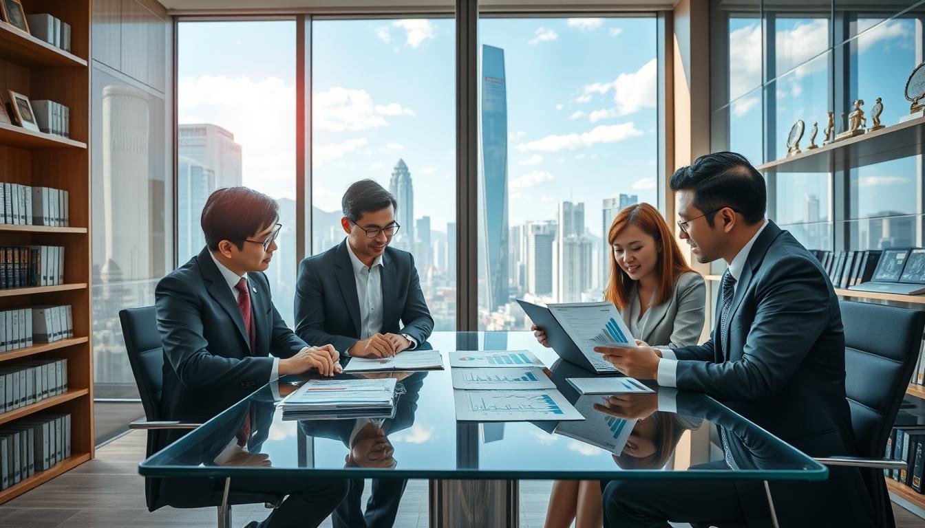 A modern office setting in Hong Kong, showcasing the importance of accounting services and financial reporting. In the foreground, a diverse group of three professionals in business attire collaborate around a sleek glass table, analyzing financial documents and charts displayed on a laptop. In the middle ground, a large window reveals the city skyline, with skyscrapers under a blue sky, symbolizing Hong Kong's vibrant economy. The lighting is bright and natural, enhancing a focused atmosphere. In the background, shelves filled with financial books and awards create an ambiance of professional success. The overall mood conveys diligence, collaboration, and a commitment to excellence in business operations.
