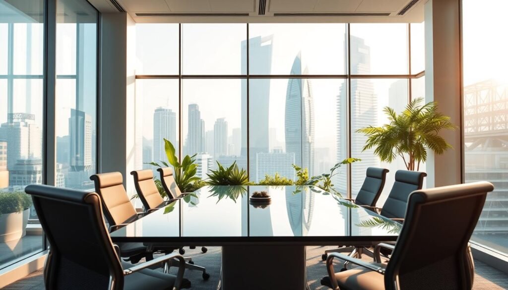A modern office space for lease in central Hong Kong, showcasing sleek, contemporary designs. In the foreground, a spacious conference room with a large glass table, surrounded by stylish ergonomic chairs, illuminated by soft, natural light streaming through expansive floor-to-ceiling windows. In the middle ground, vibrant greenery adds a touch of nature, accentuating the high-end office decor. The background features iconic skyscrapers of Hong Kong’s business district, creating a dynamic urban skyline. The lighting is bright yet inviting, enhancing the professional atmosphere. Capture the scene from a slightly elevated angle to emphasize the depth of the space and the bustling environment just outside. The mood is focused and inspiring, reflecting productivity and modernity. A modern office space for lease in central Hong Kong, showcasing sleek, contemporary designs. In the foreground, a spacious conference room with a large glass table, surrounded by stylish ergonomic chairs, illuminated by soft, natural light streaming through expansive floor-to-ceiling windows. In the middle ground, vibrant greenery adds a touch of nature, accentuating the high-end office decor. The background features iconic skyscrapers of Hong Kong’s business district, creating a dynamic urban skyline. The lighting is bright yet inviting, enhancing the professional atmosphere. Capture the scene from a slightly elevated angle to emphasize the depth of the space and the bustling environment just outside. The mood is focused and inspiring, reflecting productivity and modernity.