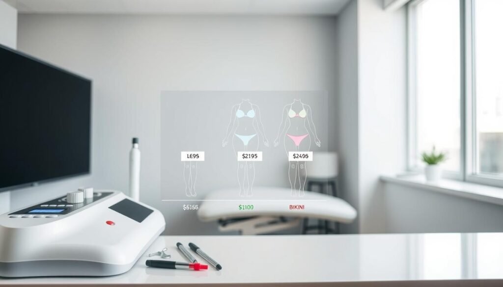 A professional and informative image depicting a comparison of laser hair removal costs for different body areas. In the foreground, show a sleek, modern treatment room with an advanced laser machine and tools neatly arranged on a countertop. In the middle ground, illustrate a clear, labeled diagram showing various body parts such as legs, underarms, and bikini areas, each highlighted with price tags indicating the cost differences. The background should be softly blurred, emphasizing the focus on the treatment room and diagram. Use bright, even lighting to create a clean, clinical atmosphere, simulating natural daylight. The mood is professional and educational, aiming to provide clarity and insight into the varying costs associated with laser hair removal treatments.