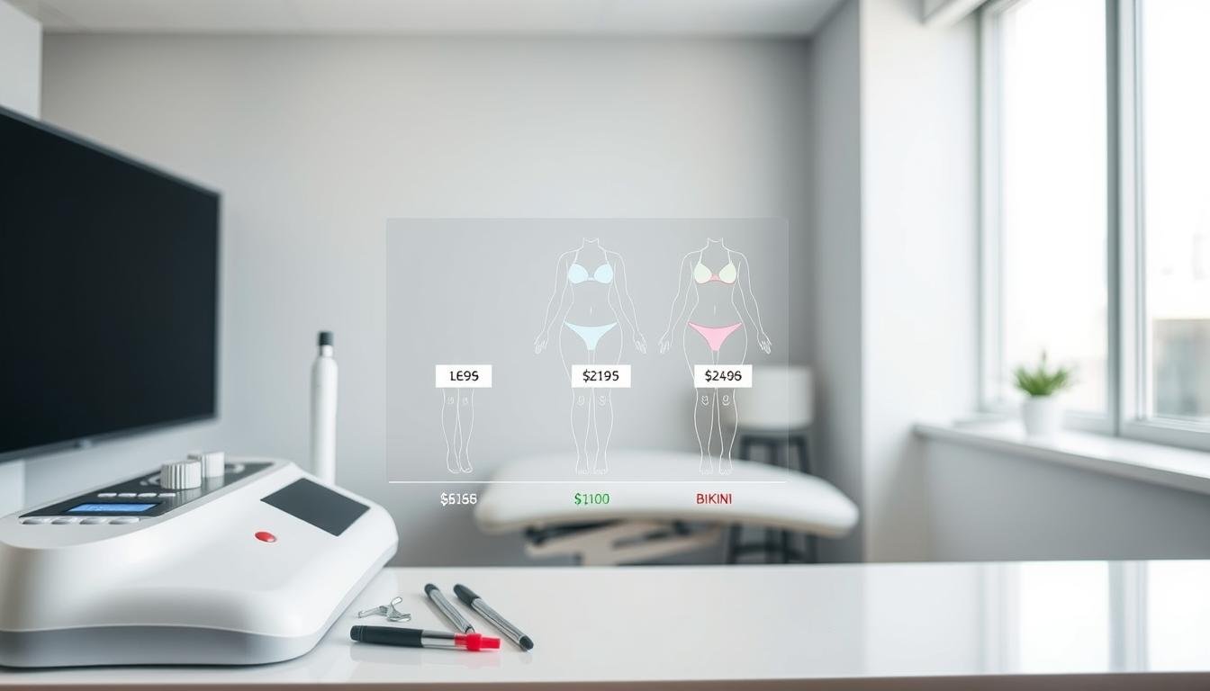 A professional and informative image depicting a comparison of laser hair removal costs for different body areas. In the foreground, show a sleek, modern treatment room with an advanced laser machine and tools neatly arranged on a countertop. In the middle ground, illustrate a clear, labeled diagram showing various body parts such as legs, underarms, and bikini areas, each highlighted with price tags indicating the cost differences. The background should be softly blurred, emphasizing the focus on the treatment room and diagram. Use bright, even lighting to create a clean, clinical atmosphere, simulating natural daylight. The mood is professional and educational, aiming to provide clarity and insight into the varying costs associated with laser hair removal treatments.