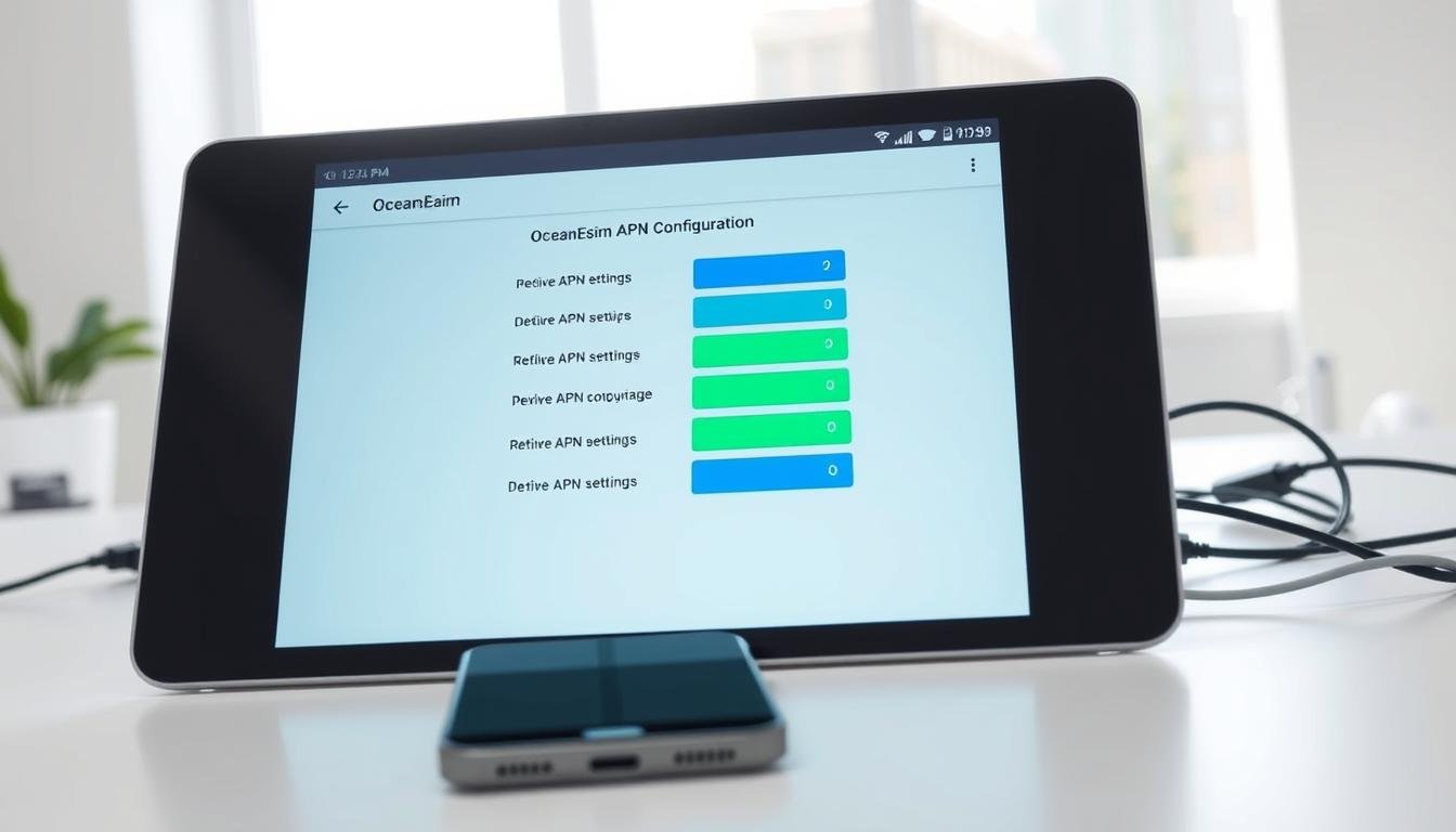 A sleek and modern digital interface displaying the settings for "OceanEsim APN Configuration" on a tablet device, set on a clean, white desk. In the foreground, the tablet shows a detailed network configuration screen with colorful icons for APN settings, highlighted in bright blue and green. In the middle ground, there are blurred elements like a smartphone and network cables, subtly indicating connectivity. In the background, a large window lets in natural light, creating a bright and optimistic atmosphere. The lighting is soft, focusing on the tablet's screen, while maintaining a professional and tech-savvy aesthetic. The overall mood is informative and engaging, perfect for an article context. No humans are depicted in the scene.