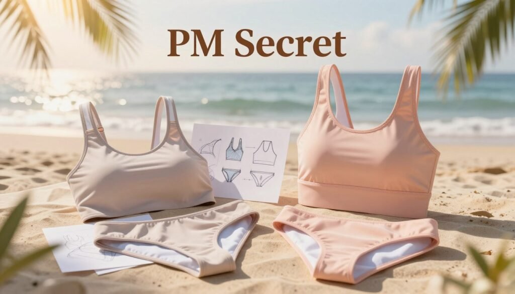 A sleek and modern swimwear design showcase titled "PM Secret". In the foreground, a carefully arranged set of stylish swimwear pieces, highlighting functional features like quick-dry fabric, UV protection, and adjustable straps. A pastel color palette is used, emphasizing elegance and practicality. In the middle ground, include soft fabric swatches and design sketches, showcasing the creative process and attention to detail. The background features a serene beach setting with gentle waves and warm sunlight filtering through palm leaves, creating a cozy and inviting atmosphere. The image should capture a cinematic vibe, evoking a sense of romantic escape. Use soft lighting to enhance the warmth and texture of the fabrics, with a 4:3 aspect ratio for a classic feel.