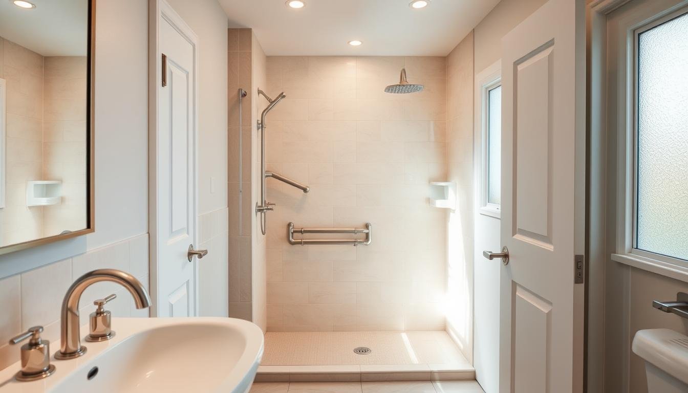 A spacious, well-lit bathroom designed for elderly accessibility, featuring a wide door that allows easy entry for those using mobility aids. In the foreground, a stylish grab bar is mounted next to a modern sink with lever faucets, enhancing usability. The middle area showcases a walk-in shower with a low threshold and a comfortable shower seat, surrounded by elegant tiles in soft pastel colors. The background includes natural light streaming through a frosted window, creating a warm and inviting atmosphere. The scene is captured from a slight angle, emphasizing both the functionality and aesthetic appeal of the design, highlighting a safe and family-friendly environment perfect for elder care. The lighting is bright yet soft, ensuring a calm mood.