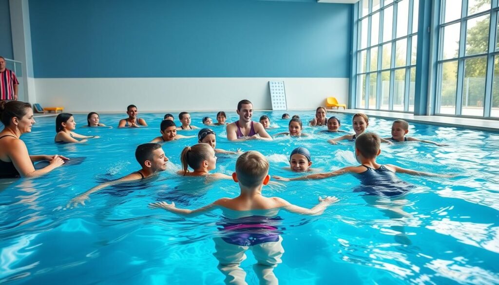 A vibrant swimming class scene set in a bright indoor swimming pool. In the foreground, a diverse group of adults and children, all wearing simple, modest swim attire, practice swimming techniques under the guidance of an enthusiastic instructor. The middle ground features clear blue water rippling, with swim boards and teaching aids scattered around the pool edge. In the background, large windows let in natural light, illuminating the space and reflecting off the water's surface. The atmosphere is lively and encouraging, with splashes of water capturing the energy of the learners. The image should convey a sense of camaraderie and fun in a learning environment, showcasing the joy of swimming as a lifelong activity.