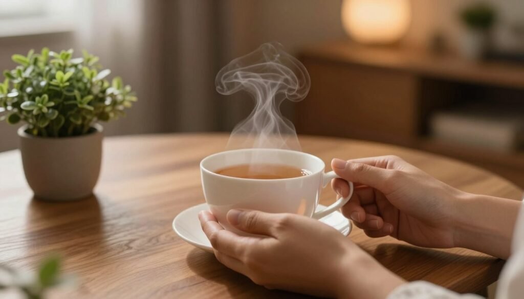 A cozy and intimate scene showcasing a beautifully designed airplane cup placed on a wooden table, surrounded by soft, warm lighting that creates a romantic atmosphere. In the foreground, a pair of hands gently holds a steaming cup of tea, symbolizing comfort and self-care. In the middle ground, a subtle representation of greenery such as small potted plants or flowers adds a touch of serenity and mental wellness. In the background, softly blurred, a serene home environment with warm colors enhances the inviting mood. The composition should evoke feelings of relaxation, personal connection, and mental health improvement, all without any text or distractions. The image should be captured in a cinematic style with a 4:3 aspect ratio, focusing on balance and harmony.