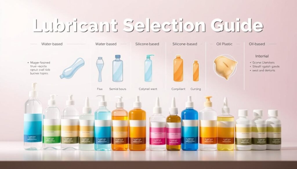 A visually appealing and informative infographic-style illustration of a lubricant selection guide, prominently featuring various types of lubricants such as water-based, silicone-based, and oil-based. In the foreground, display neatly arranged lubricant bottles with distinct labels and colors, each reflecting its unique characteristics. The middle ground should showcase illustrations of different materials, like silicone, glass, and plastic, indicating compatibility with each lubricant type. In the background, incorporate a soft gradient of pastel colors to create a calming atmosphere. Use soft, diffused lighting to enhance the products, evoking a sense of professionalism and trust. The composition should be well-balanced, focusing on clarity and visual learning to aid readers in making informed choices.
