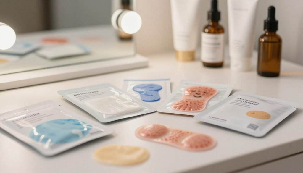 A visually striking comparison of various acne patches, showcasing their unique designs and packaging. In the foreground, display an array of diverse acne patch products, highlighting their textures and colors—some are transparent, while others feature playful designs. The middle ground should feature a clean, modern vanity setup with soft lighting that accentuates the products' features, creating an inviting atmosphere for skincare enthusiasts. In the background, include blurred images of skincare-related items, such as moisturizers and serums, to add context without overwhelming the main focus. Use a soft-focus lens to create a warm and engaging mood, ideal for an informative article about skincare solutions for mature skin experiencing acne.