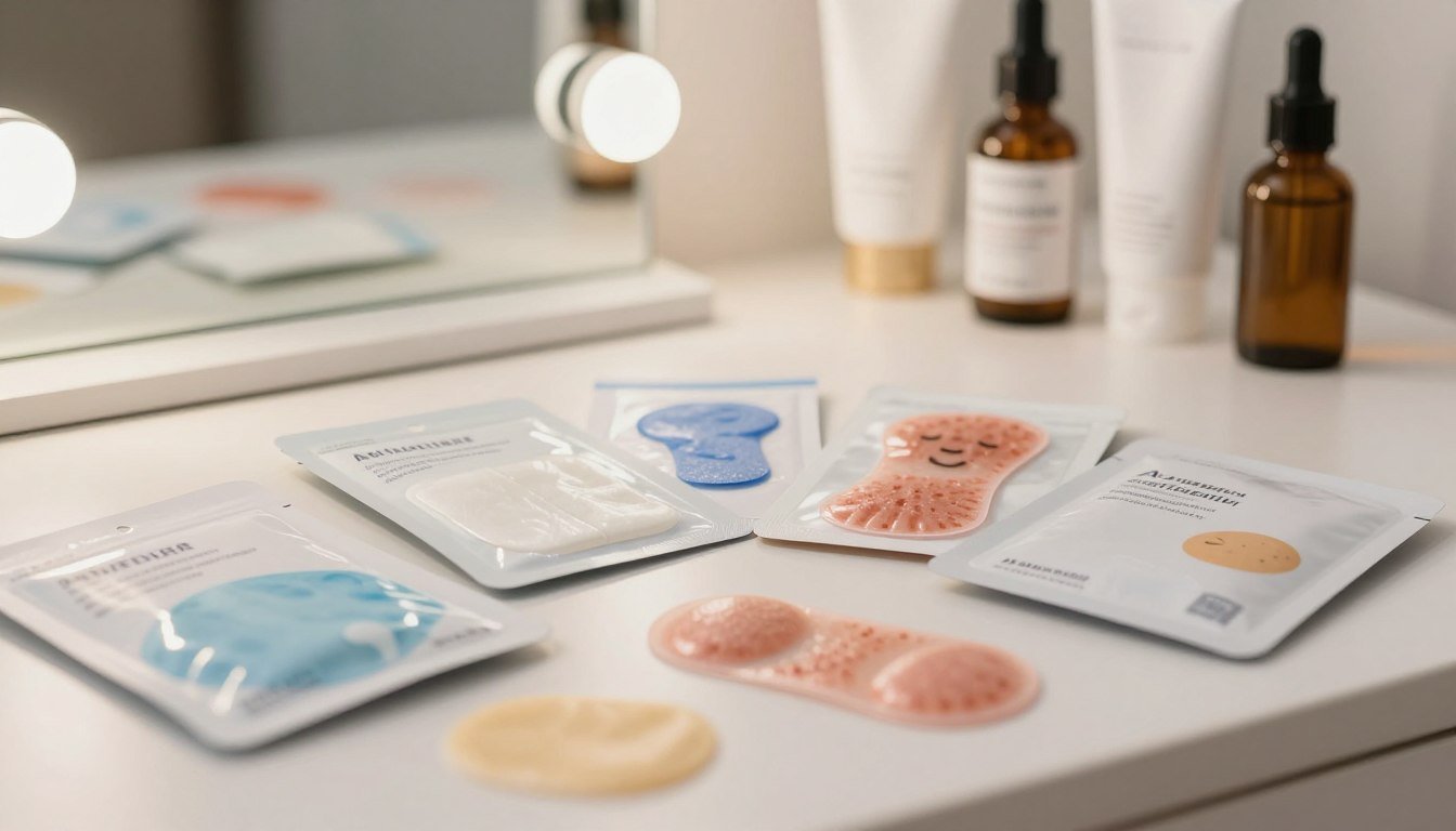 A visually striking comparison of various acne patches, showcasing their unique designs and packaging. In the foreground, display an array of diverse acne patch products, highlighting their textures and colors—some are transparent, while others feature playful designs. The middle ground should feature a clean, modern vanity setup with soft lighting that accentuates the products' features, creating an inviting atmosphere for skincare enthusiasts. In the background, include blurred images of skincare-related items, such as moisturizers and serums, to add context without overwhelming the main focus. Use a soft-focus lens to create a warm and engaging mood, ideal for an informative article about skincare solutions for mature skin experiencing acne.