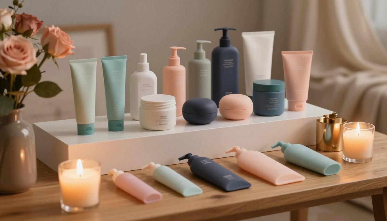 A well-arranged display of safe and aesthetically pleasing adult products on a wooden table, showcasing various materials like silicone, glass, and metal in a soft and cozy atmosphere. In the foreground, a candle provides warm lighting, enhancing the intimate setting. The middle layer highlights an assortment of products with a diverse color palette, placed thoughtfully to create visual harmony. In the background, softly blurred romantic elements like roses and a subtle, elegant fabric drape create a sense of security and comfort. The overall mood is inviting and reassuring, perfect for couples considering their options. The composition is framed in a 4:3 aspect ratio, with a cinematic vibe that emphasizes safety and informed choices.