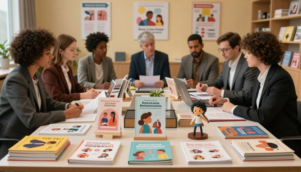 A well-organized and informative setting focusing on sex education resources. In the foreground, a neatly arranged table displays various sex education resources, including books, educational pamphlets, and models, all set against a soft, warm background. In the middle, a diverse group of individuals dressed in professional attire engages in discussion, reviewing materials and sharing knowledge, emphasizing collaboration and learning. The background features a cozy, modern classroom environment, with posters promoting sexual health awareness and a shelf filled with more educational resources. The lighting is warm and inviting, creating a cinematic and intimate atmosphere, shot in a 4:3 aspect ratio to enhance the focus on the important educational materials and interactions.