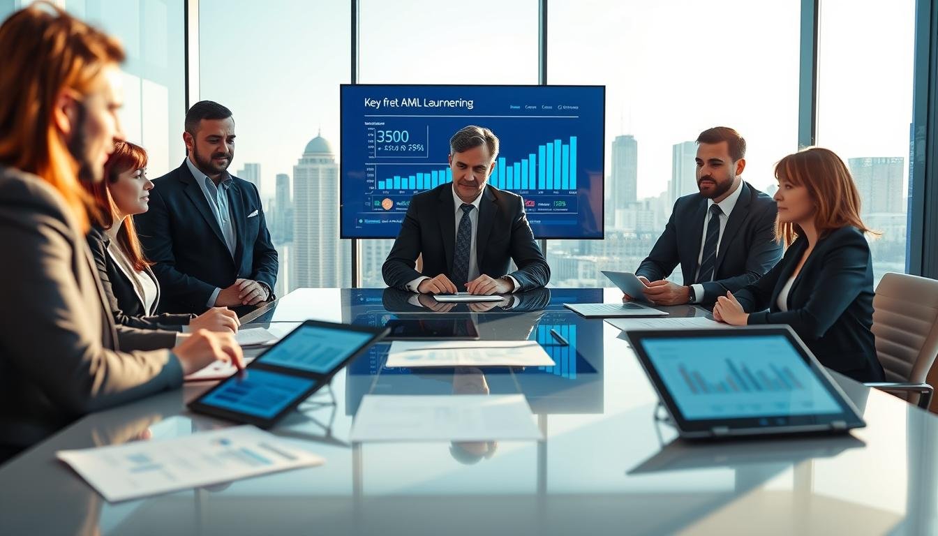 A corporate office environment showcasing a professional team implementing 3A's anti-money laundering (AML) strategies. In the foreground, a diverse group of three employees in business attire is engaged in discussion around a modern conference table with digital devices displaying graphs and compliance documents. In the middle, a large screen on the wall highlights key AML metrics and visual data representations, casting a soft blue light. The background features glass windows with a city skyline view, illuminating the space with natural sunlight, creating an atmosphere of focus and seriousness. Subtle reflections on the glass emphasize a sense of transparency and vigilance in financial practices. The overall mood is professional and proactive.
